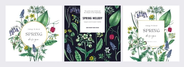 Happy spring hand drawn greeting cards set. NOT AI generated